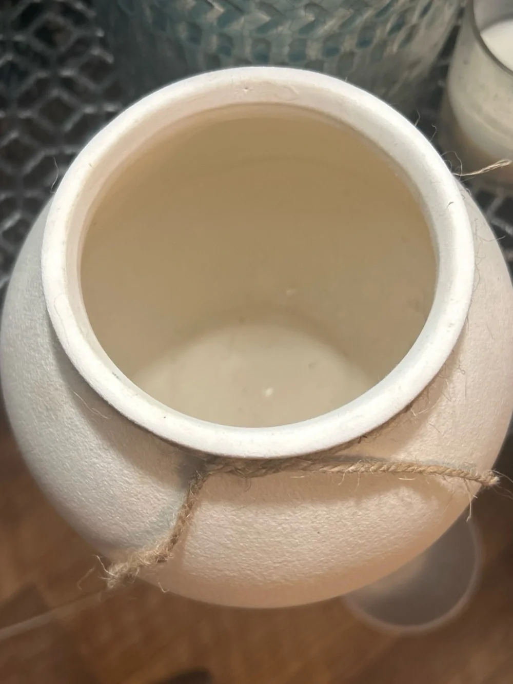 Textured White Round Terra cotta Ceramic Vase with Twine Accent